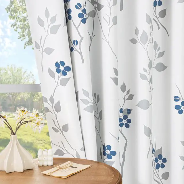 Alt view image 6 of 7 - Floral 100% Blackout Curtains 72 Inches Long 2 Panels for Bedroom Living Room Blue Grey and White Flower Patterned Room Darkening Thermal Soundproof Grommet Window Treatments Drapes, 52X72