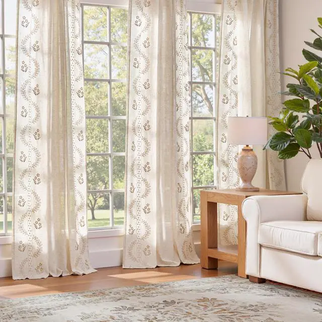 Alt view image 4 of 7 - Belrose Linen Curtains for Bedroom Floral Curtains 84 Inch Length Linen Blend Beige Embroidered Drapes Farmhouse Flower Patterned Drapes for Living Room Window Treatments Set 2 Panels