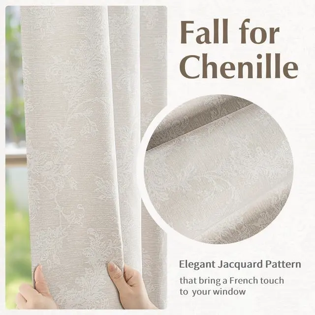 Alt view image 6 of 7 - Beige Floral Jacquard Blackout Curtains 96 Inches Long for Bedroom, Scroll Flower Chenille Farmhouse Curtains for Living Room Darkening Thermal Insulated Grommet Window Drapes 2 Panels