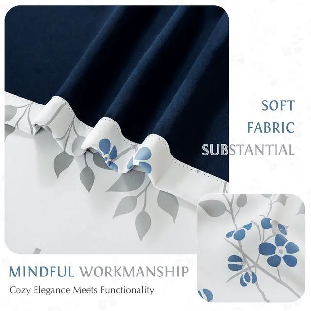 Alt view image 7 of 7 - Floral 100% Blackout Curtains 72 Inches Long 2 Panels for Bedroom Living Room Blue Grey and White Flower Patterned Room Darkening Thermal Soundproof Grommet Window Treatments Drapes, 52X72