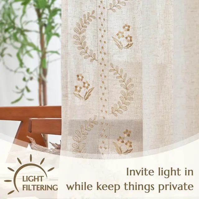 Alt view image 6 of 7 - Belrose Linen Curtains for Bedroom Floral Curtains 84 Inch Length Linen Blend Beige Embroidered Drapes Farmhouse Flower Patterned Drapes for Living Room Window Treatments Set 2 Panels