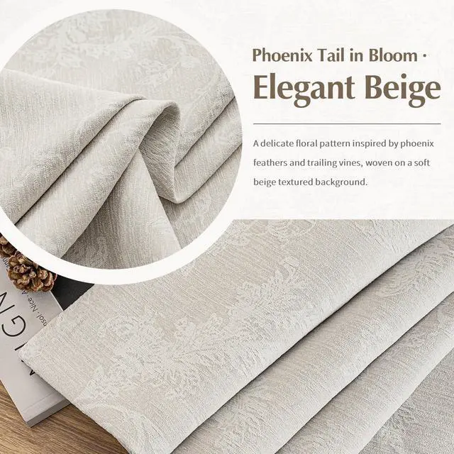 Alt view image 4 of 7 - Beige Floral Jacquard Blackout Curtains 96 Inches Long for Bedroom, Scroll Flower Chenille Farmhouse Curtains for Living Room Darkening Thermal Insulated Grommet Window Drapes 2 Panels