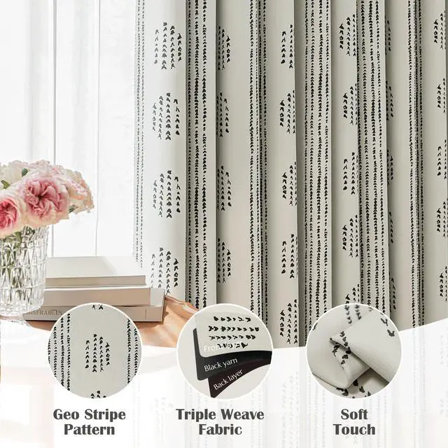 Alt view image 5 of 7 - 100% Boho Blackout Curtains 72 Inches Long for Bedroom, Black on Beige Patterned Bohemian Curtains for Living Room, Geometric Striped Thermal Insulated Window Drapes Grommet Top 2 Panels