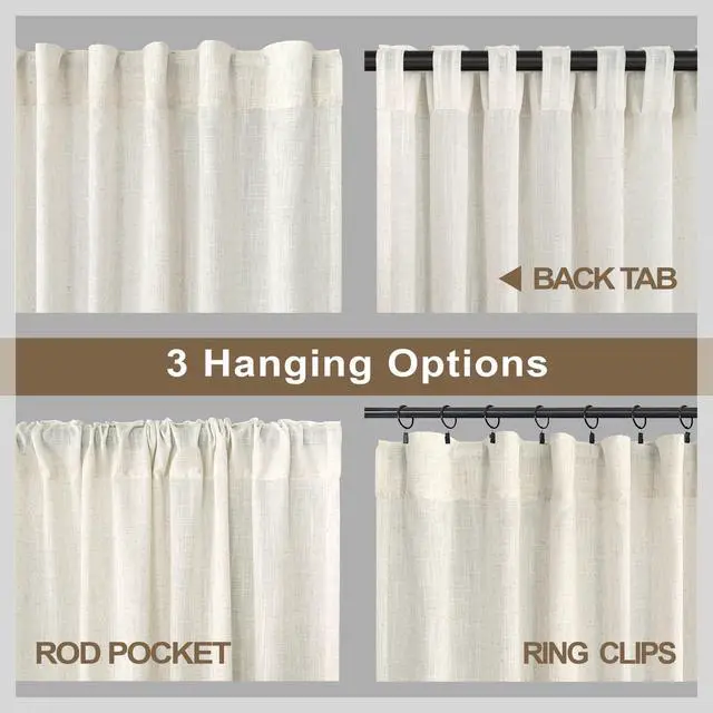 Alt view image 5 of 7 - 102 Inch Long Curtains 2 Panel for Living Room Dining Back Tab Loop Pocket Custom Natural Linen Sheer Ivory Cream Curtain for Bedroom Playroom Boho Farm House Cottage Core Decor 42 x 102 Length
