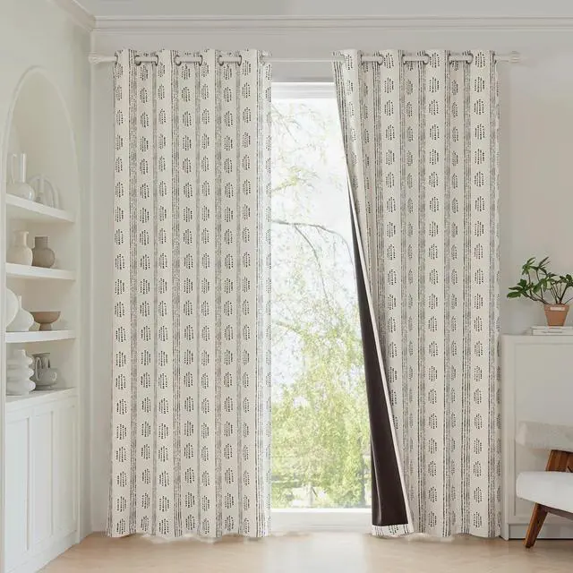 Alt view image 2 of 7 - 100% Boho Blackout Curtains 72 Inches Long for Bedroom, Black on Beige Patterned Bohemian Curtains for Living Room, Geometric Striped Thermal Insulated Window Drapes Grommet Top 2 Panels
