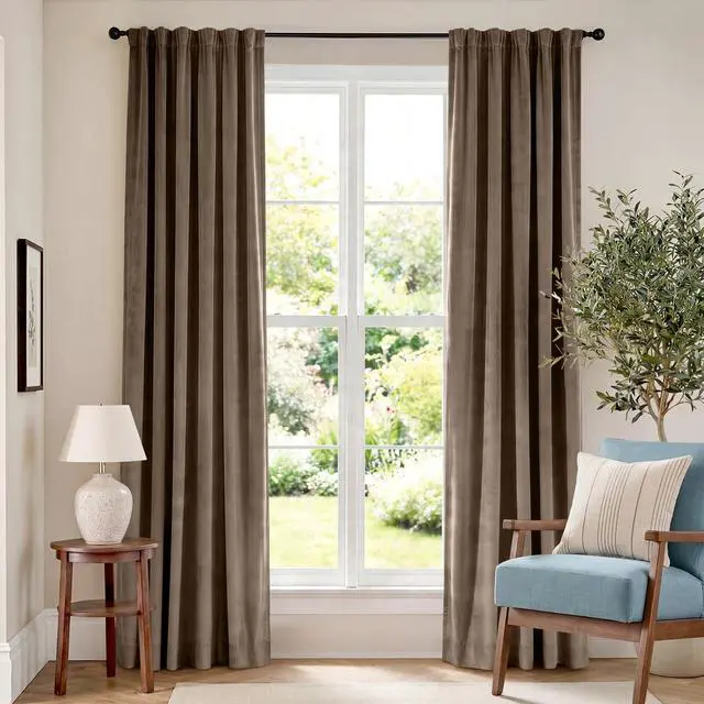 Main image of Velvet Blackout Curtains Thermal Insulated Room Window Drapes Super Soft Luxury Curtains for Living Room Bedroom Rod Pocket 2 Panels, Truffle, 52" W x 84" L