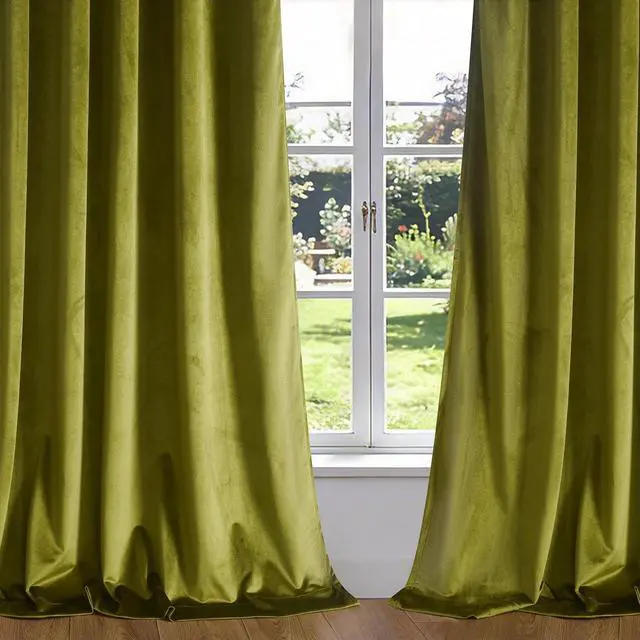 Alt view image 6 of 7 - Olive Green Velvet Curtain 84 inch Long - Curtains Block Light Thermal Insulated Rod Pocket Window Drapes Set for Bedroom/Living Room, Olive Green, W52 x L84 inch, 2 Panels