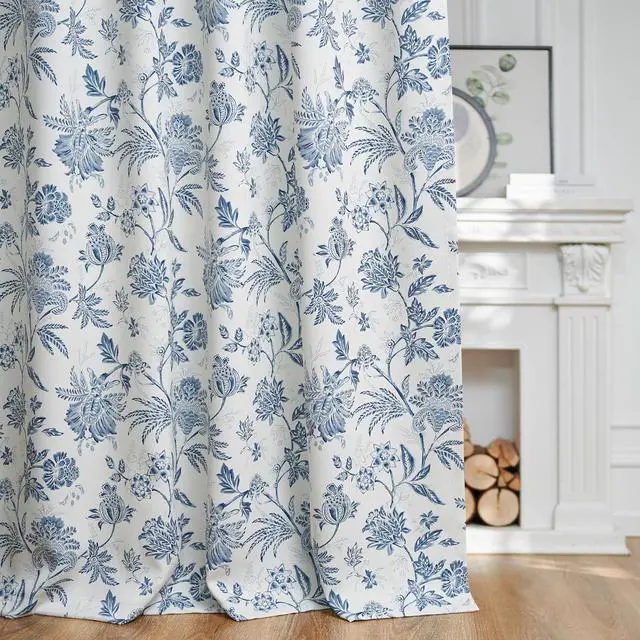 Alt view image 2 of 6 - Blackout Floral Curtains for Bedroom, 90 Inches Long Printed Flower Black Out Curtains, French Country Back Tab Blue Window Treatment Farmhouse Drapes Set 2 Panels Blue