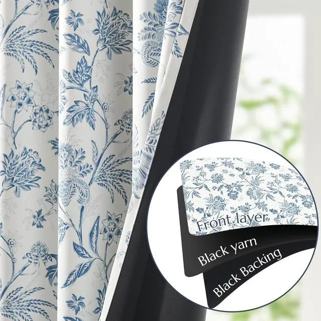 Alt view image 4 of 6 - Blackout Floral Curtains for Bedroom, 90 Inches Long Printed Flower Black Out Curtains, French Country Back Tab Blue Window Treatment Farmhouse Drapes Set 2 Panels Blue