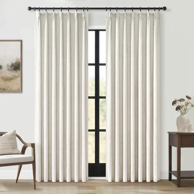 Main image of 90 Inches Long Full Blackout Linen Curtains for Bedroom, Pinch Pleated Sound Block Curtains, Oatmeal Decorative Elegant Farmhouse Lined Drapes 2 Panels Set for Living Room Sliding Door