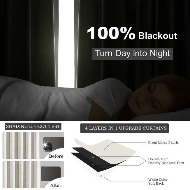 Alt view image 2 of 7 - 90 Inches Long Full Blackout Linen Curtains for Bedroom, Pinch Pleated Sound Block Curtains, Oatmeal Decorative Elegant Farmhouse Lined Drapes 2 Panels Set for Living Room Sliding Door