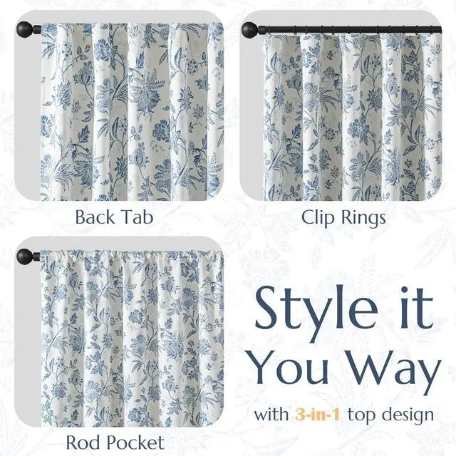 Alt view image 6 of 6 - Blackout Floral Curtains for Bedroom, 90 Inches Long Printed Flower Black Out Curtains, French Country Back Tab Blue Window Treatment Farmhouse Drapes Set 2 Panels Blue