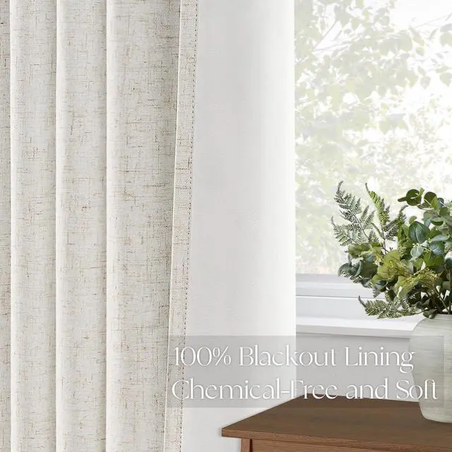 Alt view image 6 of 7 - 90 Inches Long Full Blackout Linen Curtains for Bedroom, Pinch Pleated Sound Block Curtains, Oatmeal Decorative Elegant Farmhouse Lined Drapes 2 Panels Set for Living Room Sliding Door