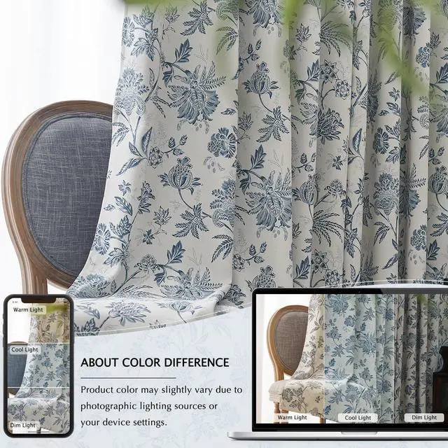 Alt view image 5 of 6 - Blackout Floral Curtains for Bedroom, 90 Inches Long Printed Flower Black Out Curtains, French Country Back Tab Blue Window Treatment Farmhouse Drapes Set 2 Panels Blue