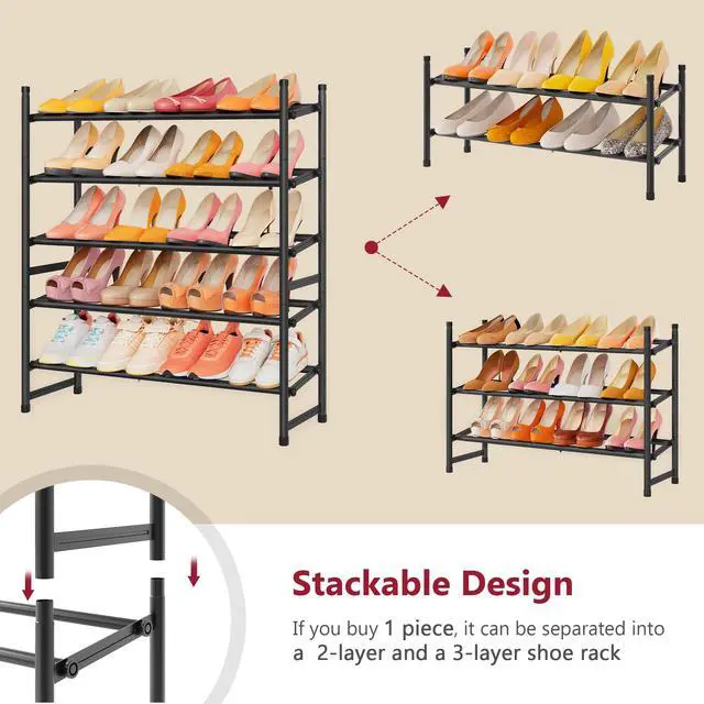 Alt view image 4 of 7 - Expandable Shoe Rack for Closet 5 Tier, 29-41Adjustable & Stackable Shoe Shelf Storage, Metal Shoe Rack Organizer for Front Door Entrance, Closet, Garage, Entryway, Black