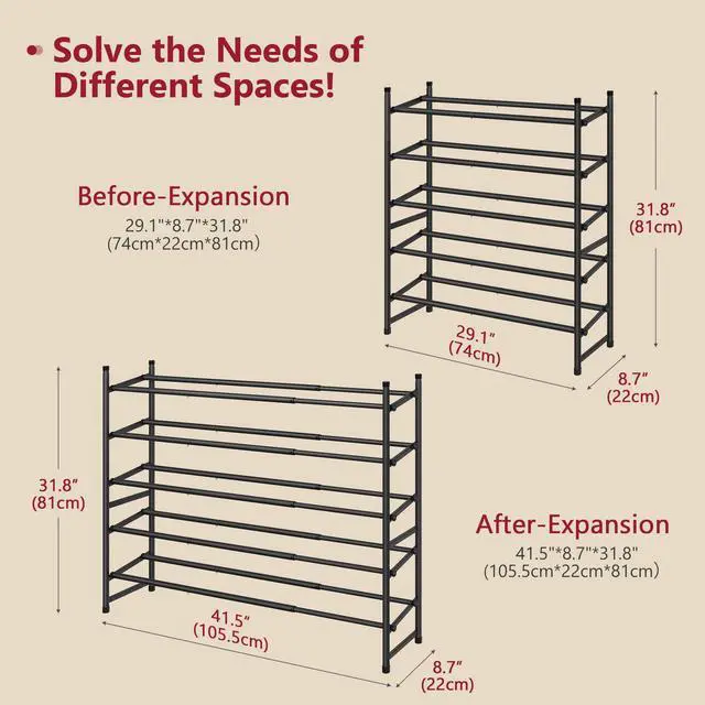 Alt view image 6 of 7 - Expandable Shoe Rack for Closet 5 Tier, 29-41Adjustable & Stackable Shoe Shelf Storage, Metal Shoe Rack Organizer for Front Door Entrance, Closet, Garage, Entryway, Black