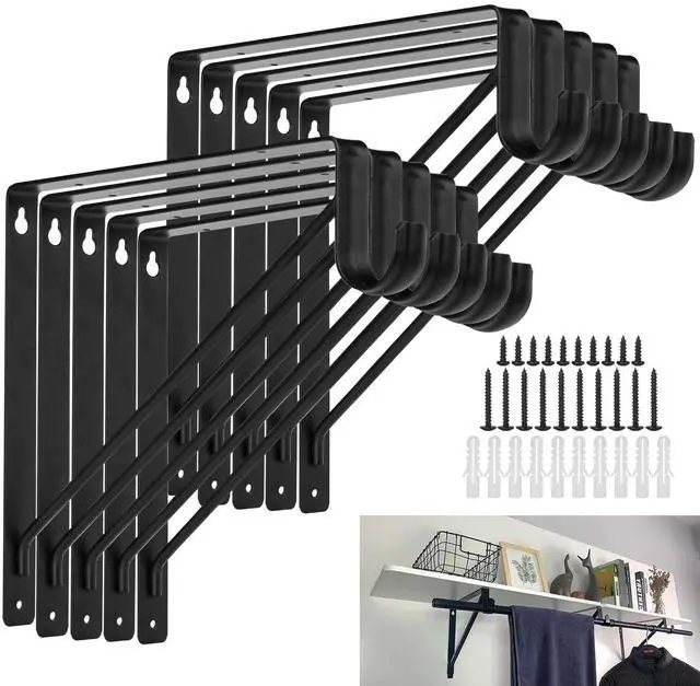 Main image of 10PCS Heavy Duty Closet Rod Bracket, 11 x 11 Inch Closet Shelf Brackets,Supports 300 lbs,Wall Mount Closet Rod Supports Bracket Hook with Screws, Closet Rod Holders for Home and Closet Decor(Black)