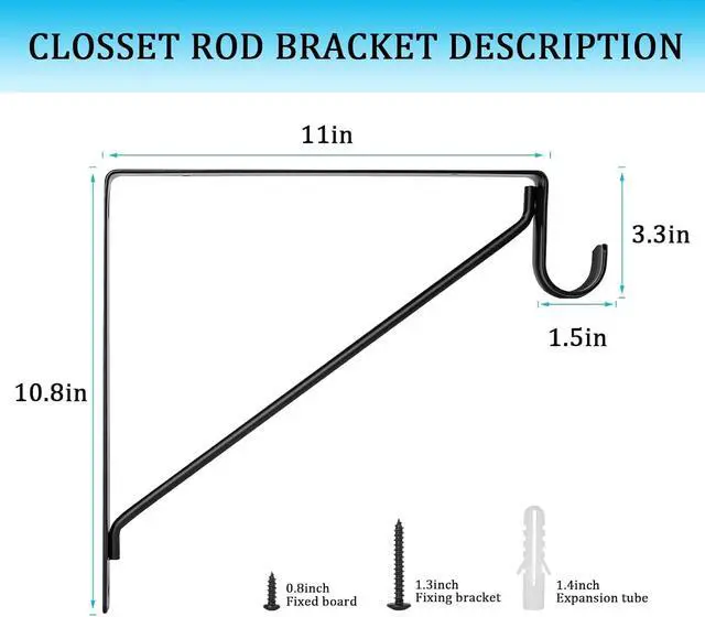 Alt view image 2 of 7 - 10PCS Heavy Duty Closet Rod Bracket, 11 x 11 Inch Closet Shelf Brackets,Supports 300 lbs,Wall Mount Closet Rod Supports Bracket Hook with Screws, Closet Rod Holders for Home and Closet Decor(Black)