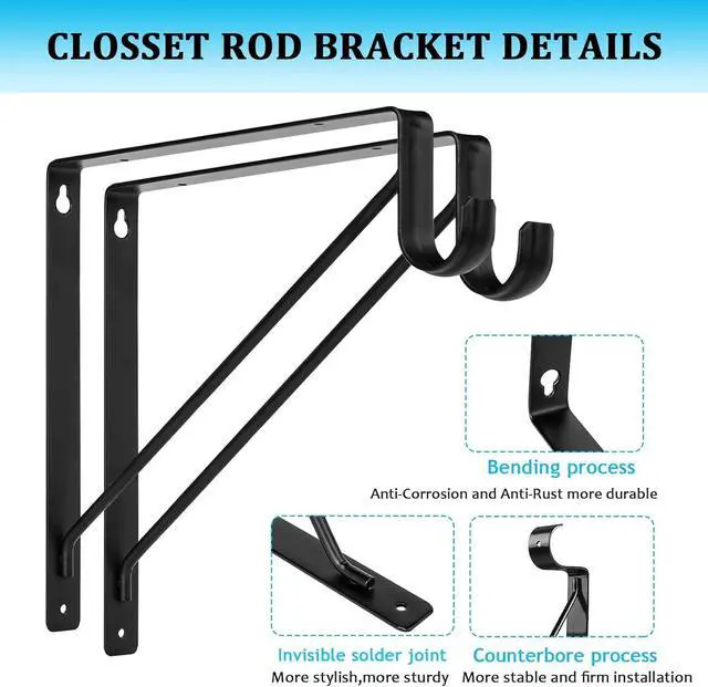 Alt view image 3 of 7 - 10PCS Heavy Duty Closet Rod Bracket, 11 x 11 Inch Closet Shelf Brackets,Supports 300 lbs,Wall Mount Closet Rod Supports Bracket Hook with Screws, Closet Rod Holders for Home and Closet Decor(Black)