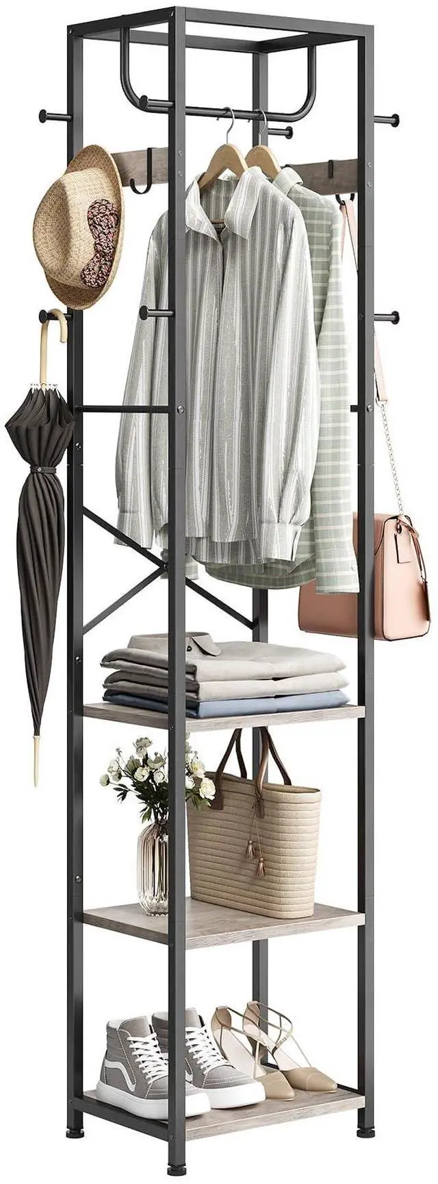 Main image of Coat Rack Freestanding, Hall Tree with 3 Storage Shelves and 12 Hooks, Industrial Clothes Rack Stand Organizer for Bedroom, Hallway, Entryway, Office, Living Room, Greige