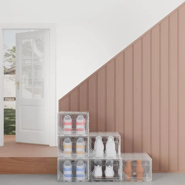 Alt view image 4 of 7 - 10 Pack Upgraded XX-Large Closet Organizers and Storage with Magnetic Door, New structure is more stable, Thicken & Sturdy Clear Stackable Interconnectable Shoe Box for Entryway, Under Bed