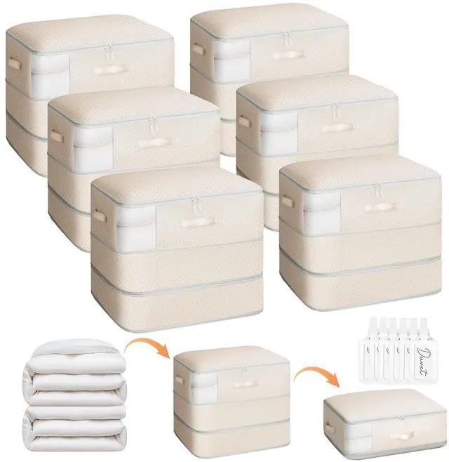Main image of 6 Pack Compression Storage Bags - 110L Large Capacity Comforter Storage Bag, 3-Layer Washable Ultra Space Saving Self Compression Organizer Space Bags for Blankets, Sweaters, Sheets, Beige