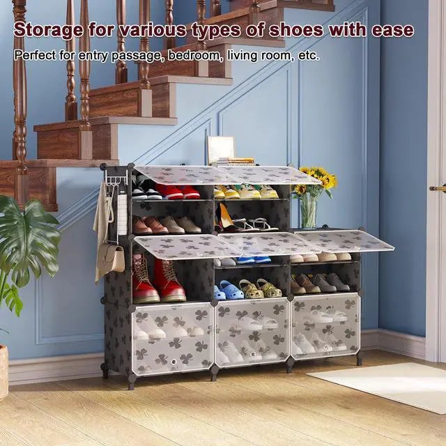Alt view image 3 of 7 - Shoe Rack, 8 Tier Shoe Storage Cabinet 32 Pair Plastic Shoe Shelves Organizer for Closet Bedroom Entryway Black