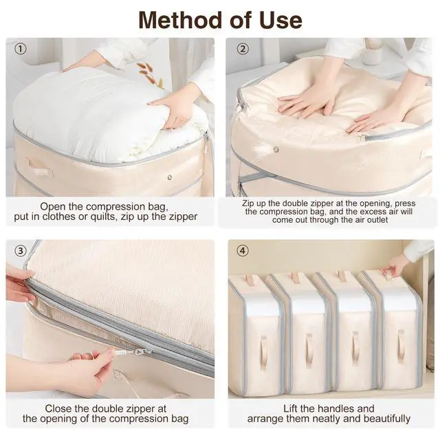 Alt view image 4 of 7 - 6 Pack Compression Storage Bags - 110L Large Capacity Comforter Storage Bag, 3-Layer Washable Ultra Space Saving Self Compression Organizer Space Bags for Blankets, Sweaters, Sheets, Beige