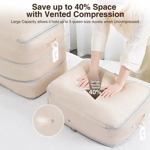 Alt view image 3 of 7 - 6 Pack Compression Storage Bags - 110L Large Capacity Comforter Storage Bag, 3-Layer Washable Ultra Space Saving Self Compression Organizer Space Bags for Blankets, Sweaters, Sheets, Beige
