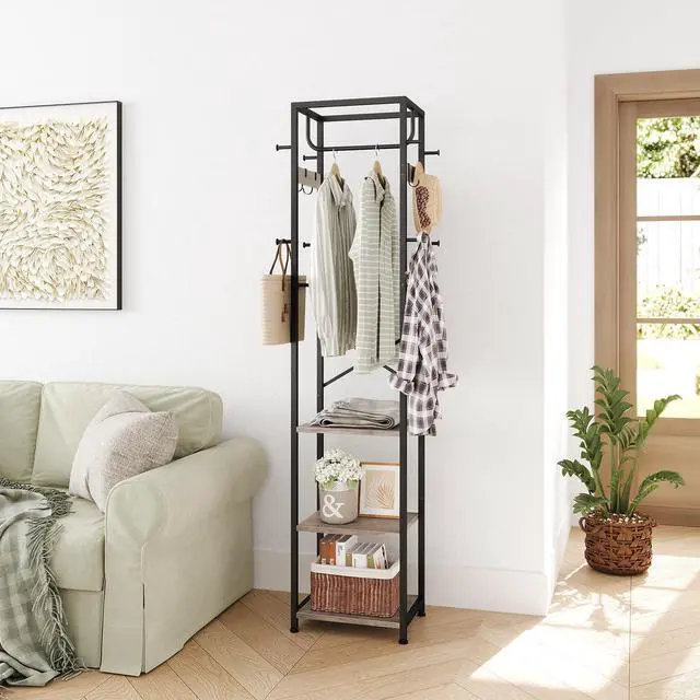 Alt view image 2 of 7 - Coat Rack Freestanding, Hall Tree with 3 Storage Shelves and 12 Hooks, Industrial Clothes Rack Stand Organizer for Bedroom, Hallway, Entryway, Office, Living Room, Greige