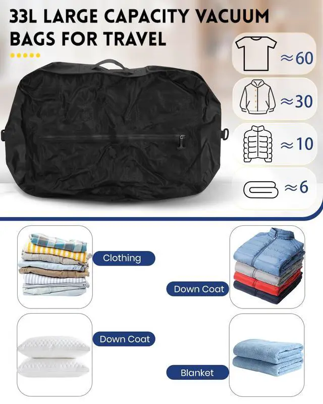 Alt view image 2 of 7 - 2 Vacuum ReusableTravel Vacuum Pack bags, 33L Space-Saving Vacuum Compression Bags for Travel Luggage, Suitcases, and Backpacks; IPX7 Waterproof & Reusable Vacuum Packing Cubes for Clothing (+Pump)