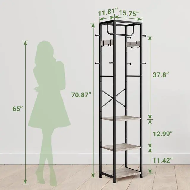 Alt view image 3 of 7 - Coat Rack Freestanding, Hall Tree with 3 Storage Shelves and 12 Hooks, Industrial Clothes Rack Stand Organizer for Bedroom, Hallway, Entryway, Office, Living Room, Greige