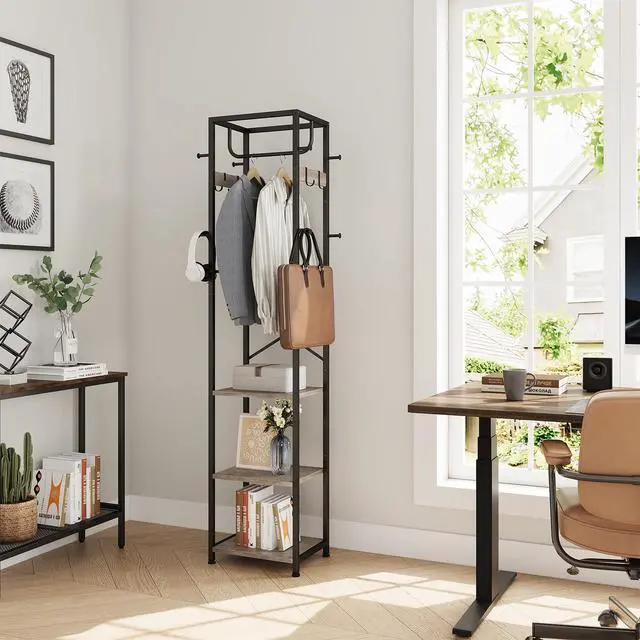 Alt view image 4 of 7 - Coat Rack Freestanding, Hall Tree with 3 Storage Shelves and 12 Hooks, Industrial Clothes Rack Stand Organizer for Bedroom, Hallway, Entryway, Office, Living Room, Greige