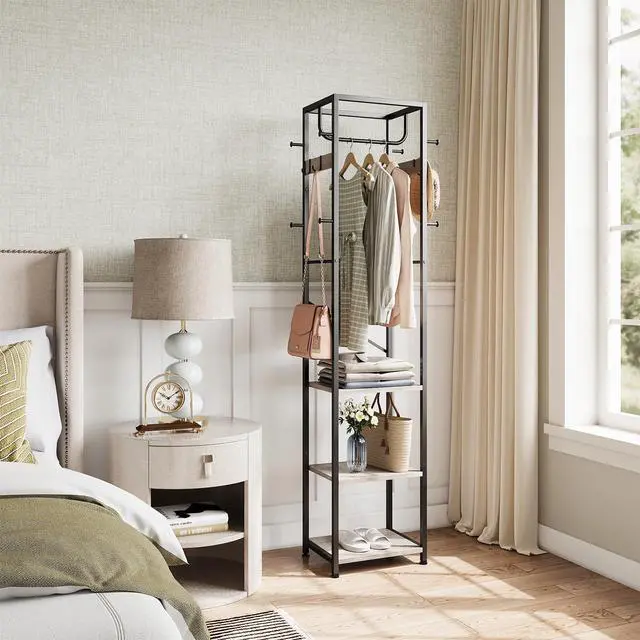 Alt view image 5 of 7 - Coat Rack Freestanding, Hall Tree with 3 Storage Shelves and 12 Hooks, Industrial Clothes Rack Stand Organizer for Bedroom, Hallway, Entryway, Office, Living Room, Greige