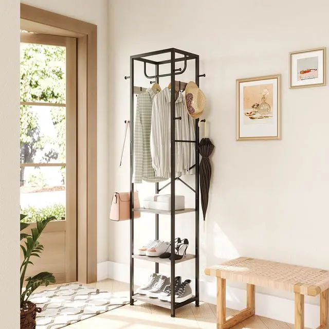 Alt view image 6 of 7 - Coat Rack Freestanding, Hall Tree with 3 Storage Shelves and 12 Hooks, Industrial Clothes Rack Stand Organizer for Bedroom, Hallway, Entryway, Office, Living Room, Greige