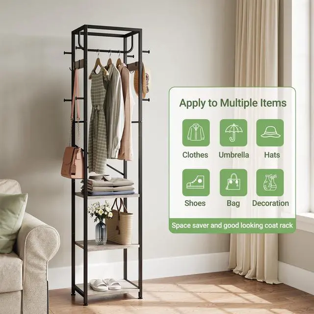 Alt view image 7 of 7 - Coat Rack Freestanding, Hall Tree with 3 Storage Shelves and 12 Hooks, Industrial Clothes Rack Stand Organizer for Bedroom, Hallway, Entryway, Office, Living Room, Greige
