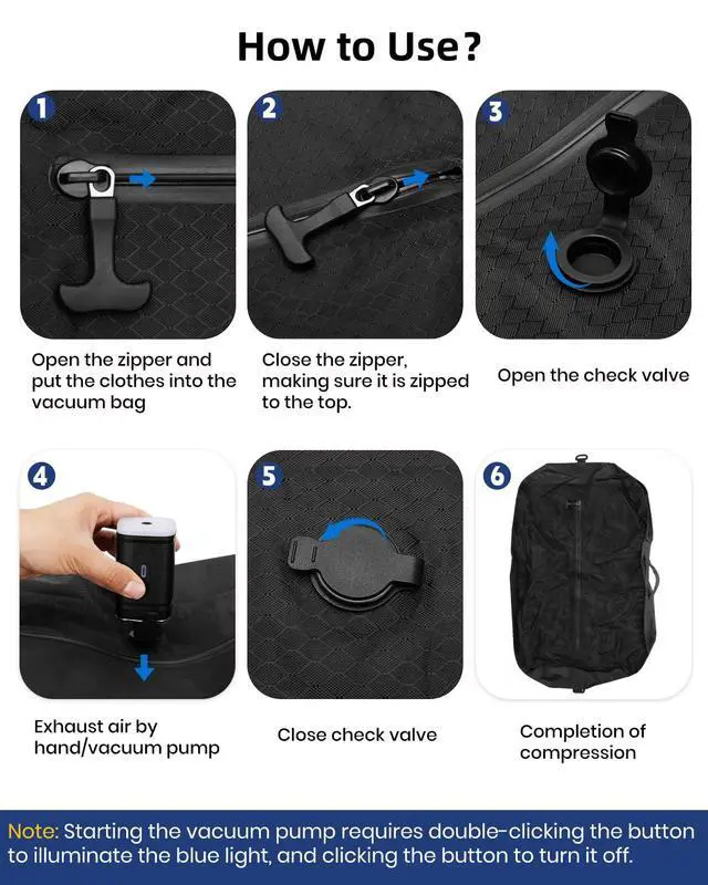Alt view image 6 of 7 - 2 Vacuum ReusableTravel Vacuum Pack bags, 33L Space-Saving Vacuum Compression Bags for Travel Luggage, Suitcases, and Backpacks; IPX7 Waterproof & Reusable Vacuum Packing Cubes for Clothing (+Pump)