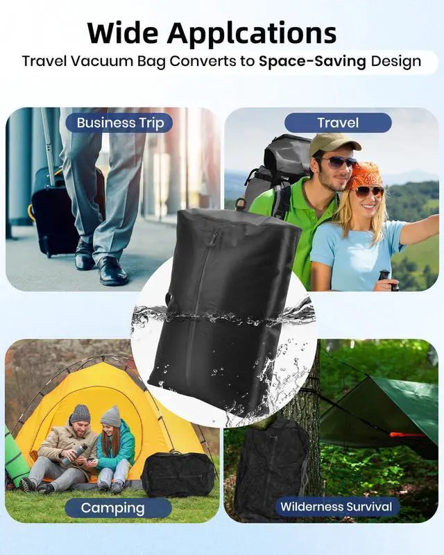 Alt view image 7 of 7 - 2 Vacuum ReusableTravel Vacuum Pack bags, 33L Space-Saving Vacuum Compression Bags for Travel Luggage, Suitcases, and Backpacks; IPX7 Waterproof & Reusable Vacuum Packing Cubes for Clothing (+Pump)