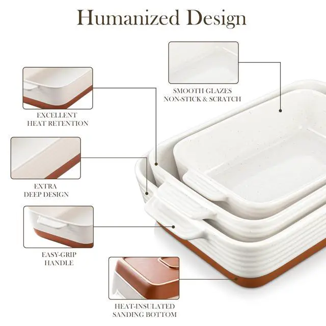Alt view image 5 of 7 - Casserole Dishes for Oven, Ceramic Baking Dishes Set of 3, Baking Pan Casserole Dish Set, Rectangular Lasagna Pan Deep with Handles for Baking, Khaki White (14.5''/13''/10.5''), Series TARA