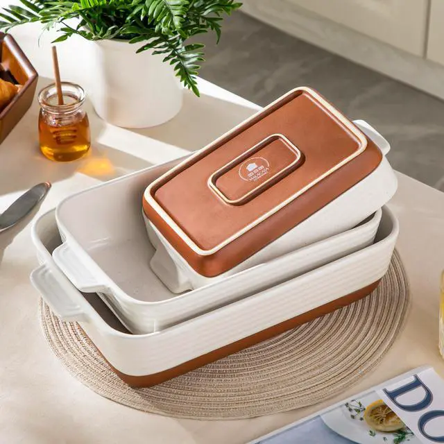 Alt view image 7 of 7 - Casserole Dishes for Oven, Ceramic Baking Dishes Set of 3, Baking Pan Casserole Dish Set, Rectangular Lasagna Pan Deep with Handles for Baking, Khaki White (14.5''/13''/10.5''), Series TARA