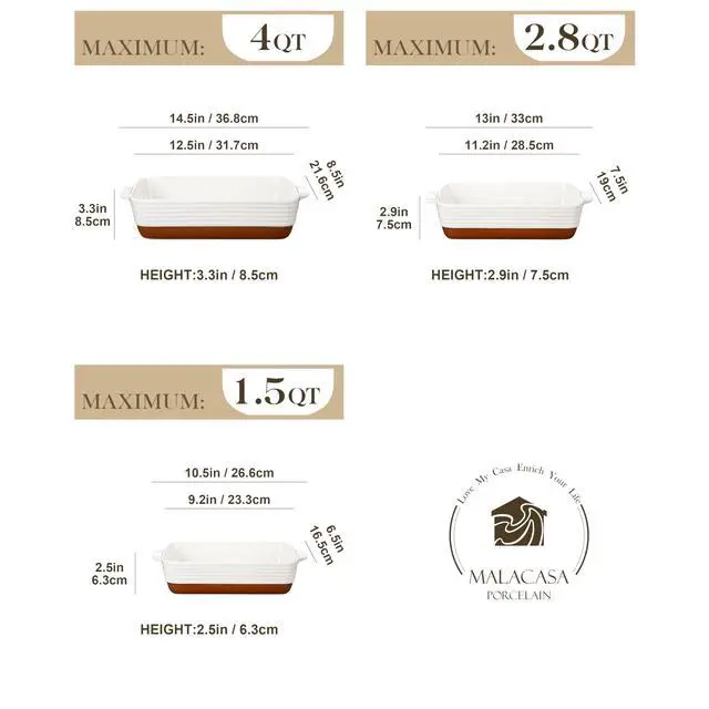 Alt view image 2 of 7 - Casserole Dishes for Oven, Ceramic Baking Dishes Set of 3, Baking Pan Casserole Dish Set, Rectangular Lasagna Pan Deep with Handles for Baking, Khaki White (14.5''/13''/10.5''), Series TARA