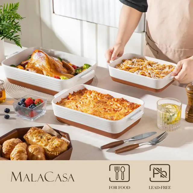 Alt view image 3 of 7 - Casserole Dishes for Oven, Ceramic Baking Dishes Set of 3, Baking Pan Casserole Dish Set, Rectangular Lasagna Pan Deep with Handles for Baking, Khaki White (14.5''/13''/10.5''), Series TARA