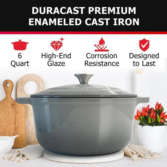 Alt view image 2 of 7 - 6 Quart Enameled Cast Iron Pot Dutch Oven, Heavy-Duty Oven-Safe up to 500° F, & Across All Cooktops, Casserole Dishes for Ovens, Bread Pan with Lid and Knob, Cast Iron Cookware, Grey