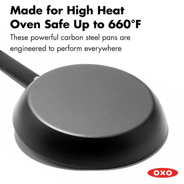 Alt view image 3 of 3 - Obsidian Pre-Seasoned Carbon Steel, 8" Frying Pan Skillet with Removable Silicone Handle Holder, Induction, Oven Safe, 1.8 Liters, Black