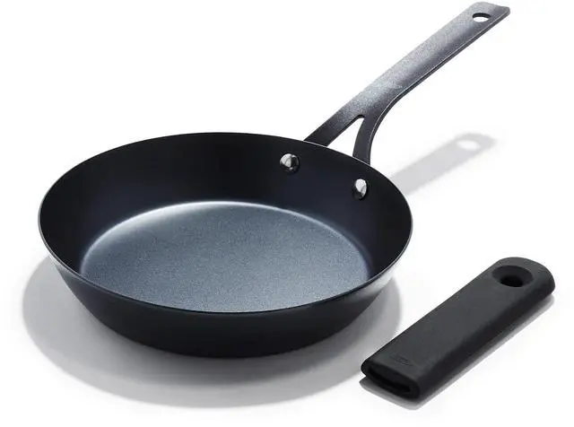 Main image of Obsidian Pre-Seasoned Carbon Steel, 8" Frying Pan Skillet with Removable Silicone Handle Holder, Induction, Oven Safe, 1.8 Liters, Black