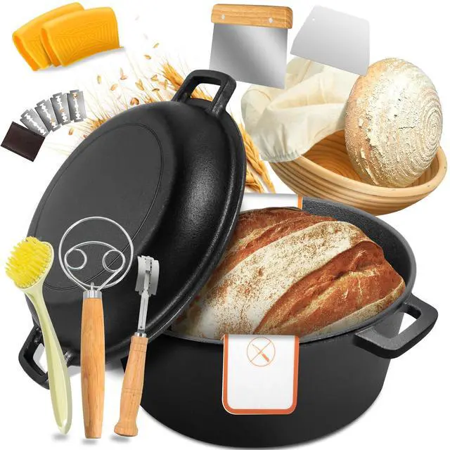 Main image of Cast Iron Dutch Oven for Bread Baking, 5 QT Pre-Seasoned Pot with Skillet Lid, Includes Sourdough Bread Baking Supplies, Cast Iron Pot for Frying, Braising, BBQ