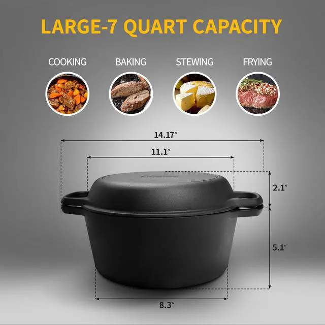 Alt view image 3 of 5 - 2-in-1 Pre-Seasoned Cast Iron Dutch Oven Pot with Skillet Lid Cooking Pan, Cast Iron Skillet Cookware Pan Set with Dual Handles Indoor Outdoor for Bread, Frying, Baking, Camping, 7QT