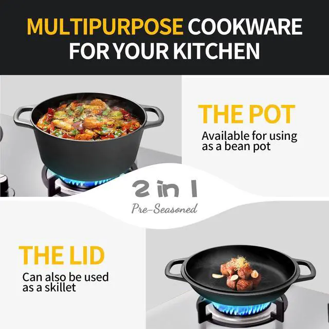 Alt view image 5 of 5 - 2-in-1 Pre-Seasoned Cast Iron Dutch Oven Pot with Skillet Lid Cooking Pan, Cast Iron Skillet Cookware Pan Set with Dual Handles Indoor Outdoor for Bread, Frying, Baking, Camping, 7QT