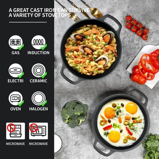 Alt view image 4 of 5 - 2-in-1 Pre-Seasoned Cast Iron Dutch Oven Pot with Skillet Lid Cooking Pan, Cast Iron Skillet Cookware Pan Set with Dual Handles Indoor Outdoor for Bread, Frying, Baking, Camping, 7QT