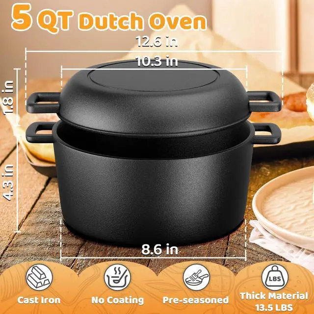 Alt view image 2 of 7 - Cast Iron Dutch Oven for Bread Baking, 5 QT Pre-Seasoned Pot with Skillet Lid, Includes Sourdough Bread Baking Supplies, Cast Iron Pot for Frying, Braising, BBQ